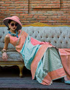 Monjolika Fashion Aqua Blue And Peach Handloom Weaving Silk Contemporary Saree | Grocsy