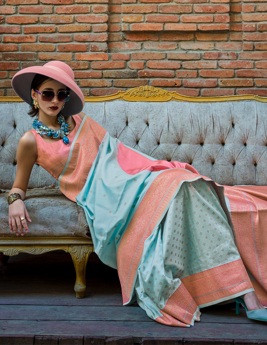 Monjolika Fashion Aqua Blue And Peach Handloom Weaving Silk Contemporary Saree | Grocsy