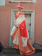 Monjolika Fashion Silk Weaving Off White And Red Classic Saree For Sangeet | Grocsy