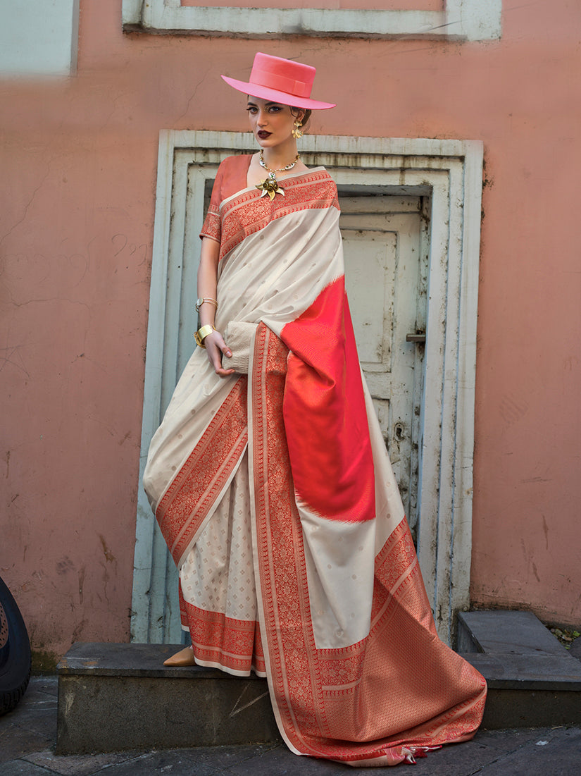 Monjolika Fashion Silk Weaving Off White And Red Classic Saree For Sangeet | Grocsy