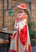 Monjolika Fashion Silk Weaving Off White And Red Classic Saree For Sangeet | Grocsy