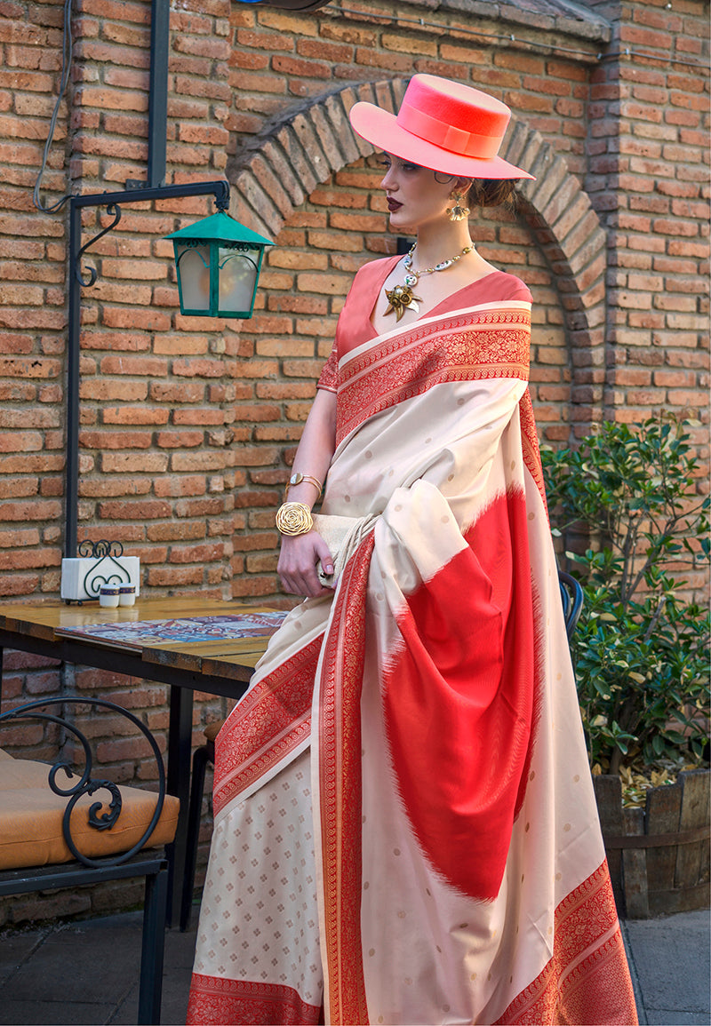Monjolika Fashion Silk Weaving Off White And Red Classic Saree For Sangeet | Grocsy