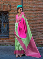 Monjolika Fashion Weaving Green And Rani Handloom Silk Trendy Saree | Grocsy