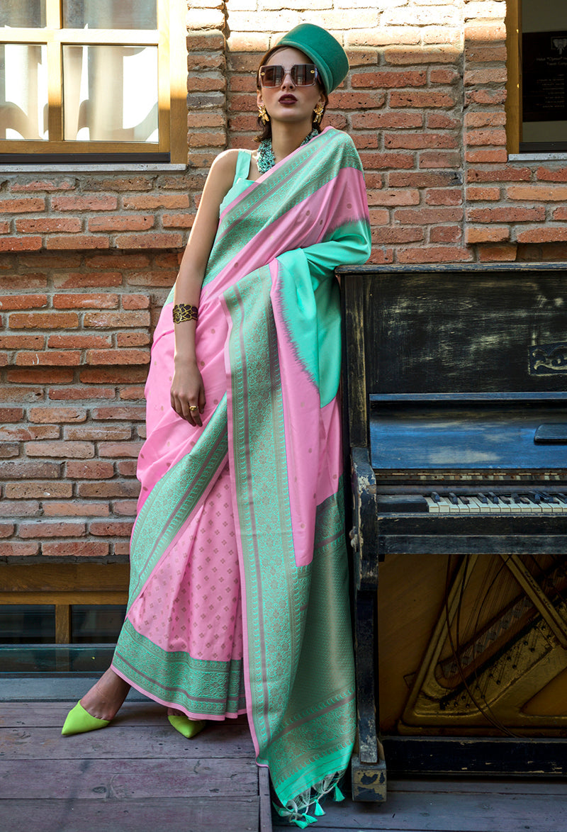 Monjolika Fashion Pink And Sea Green Weaving Silk Ceremonial Trendy Saree | Grocsy