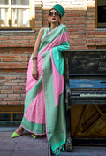 Monjolika Fashion Pink And Sea Green Weaving Silk Ceremonial Trendy Saree | Grocsy