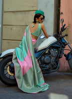 Monjolika Fashion Pink And Sea Green Weaving Silk Ceremonial Trendy Saree | Grocsy
