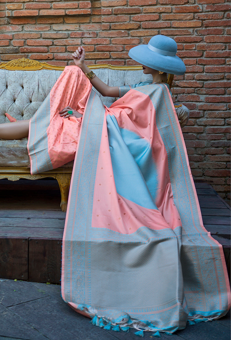 Monjolika Fashion Light Blue And Peach Weaving Silk Festival Contemporary Saree | Grocsy