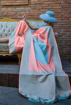Monjolika Fashion Light Blue And Peach Weaving Silk Festival Contemporary Saree | Grocsy