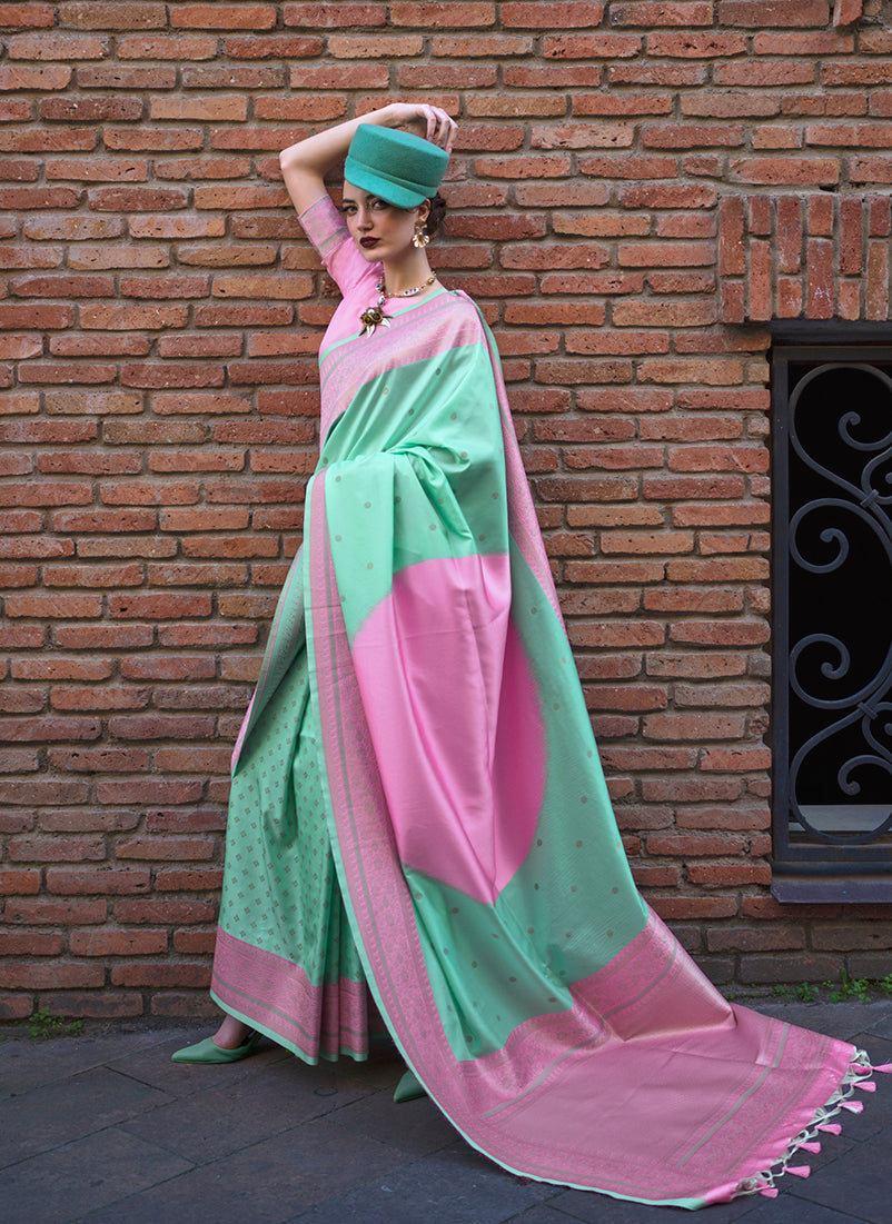 Monjolika Fashion Sea Green And Pink Weaving Ceremonial Trendy Saree | Grocsy