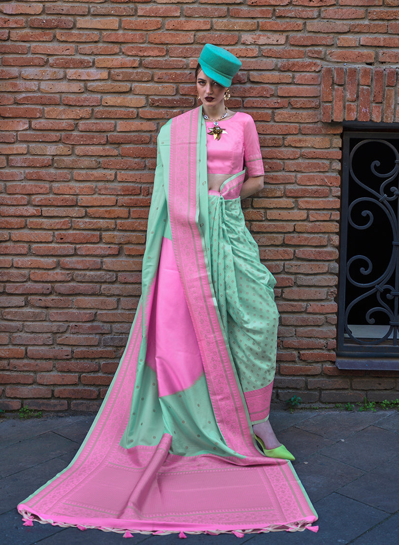 Monjolika Fashion Sea Green And Pink Weaving Ceremonial Trendy Saree | Grocsy