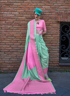 Monjolika Fashion Sea Green And Pink Weaving Ceremonial Trendy Saree | Grocsy