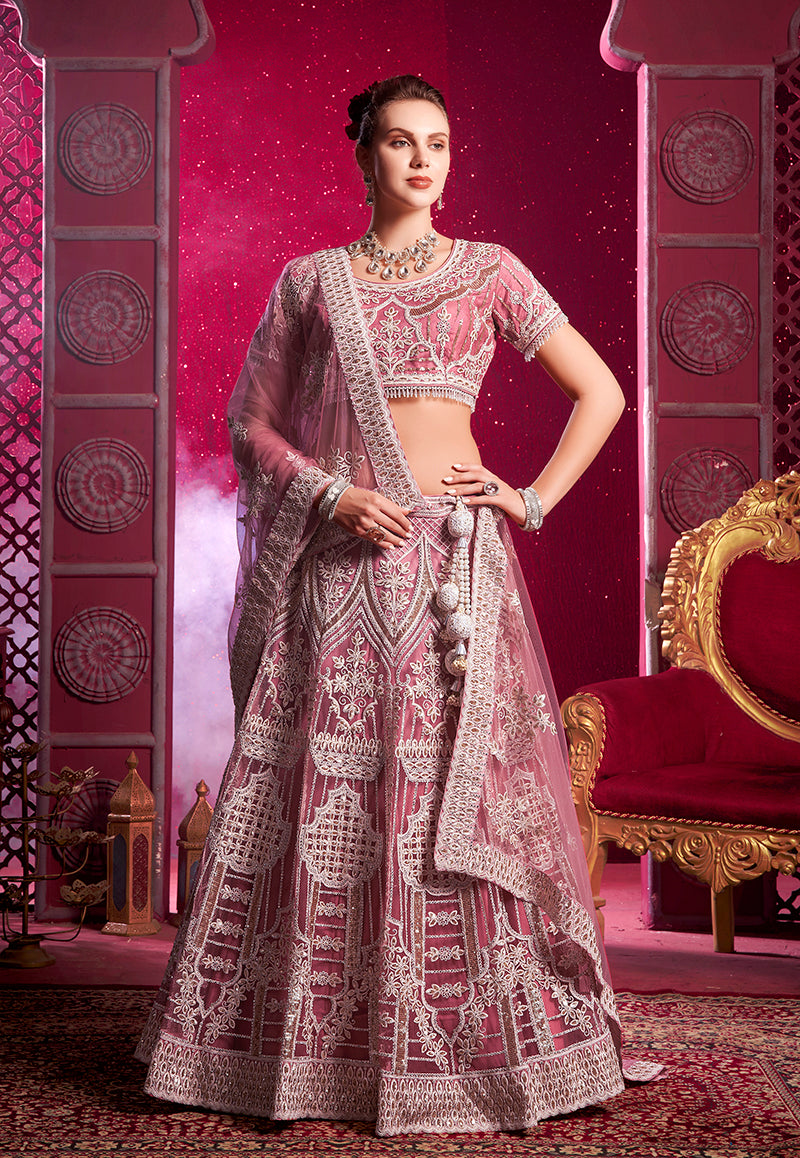 Monjolika Fashion Embroidered And Sequin Work Net Pink Wedding Lehenga Choli | Grocsy
