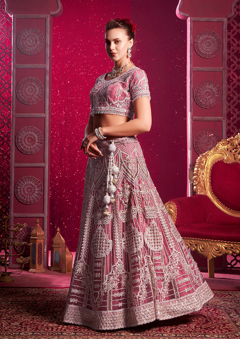 Monjolika Fashion Embroidered And Sequin Work Net Pink Wedding Lehenga Choli | Grocsy