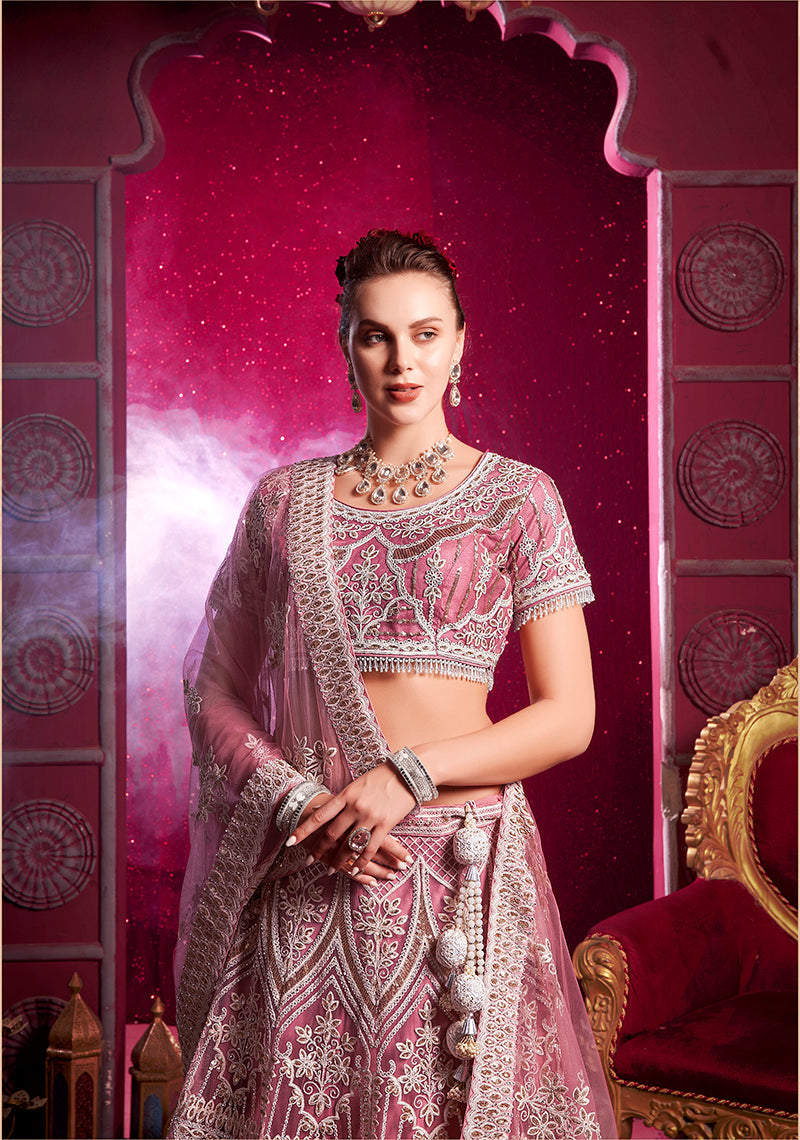 Monjolika Fashion Embroidered And Sequin Work Net Pink Wedding Lehenga Choli | Grocsy