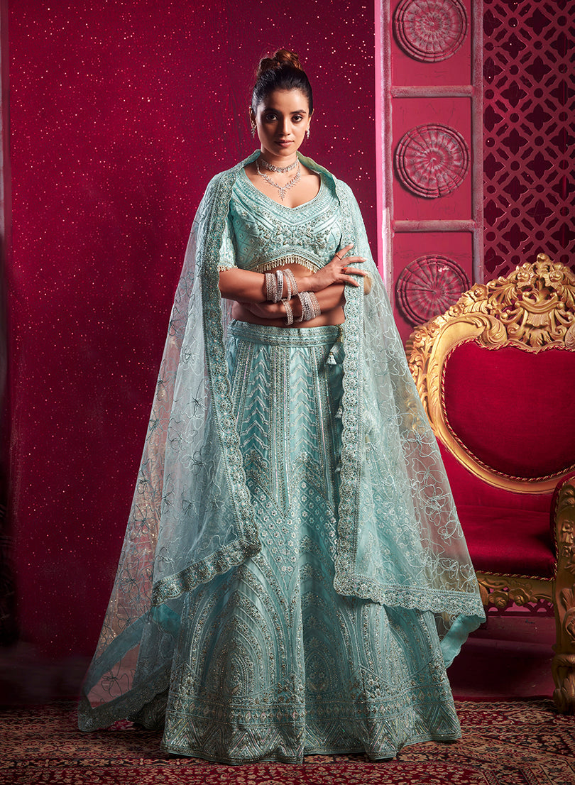 Monjolika Fashion Aqua Blue Embroidered And Sequin Work Wedding Lehenga Choli | Grocsy
