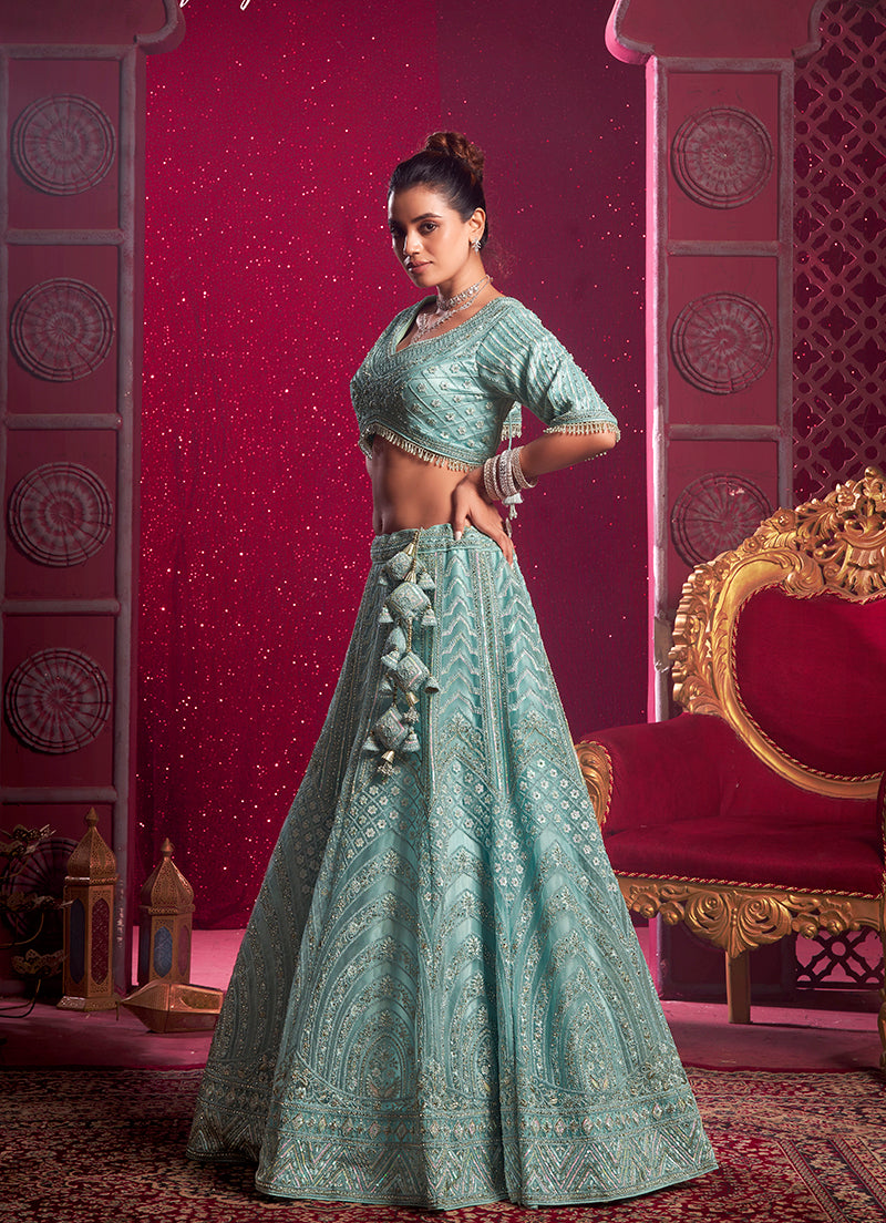 Monjolika Fashion Aqua Blue Embroidered And Sequin Work Wedding Lehenga Choli | Grocsy