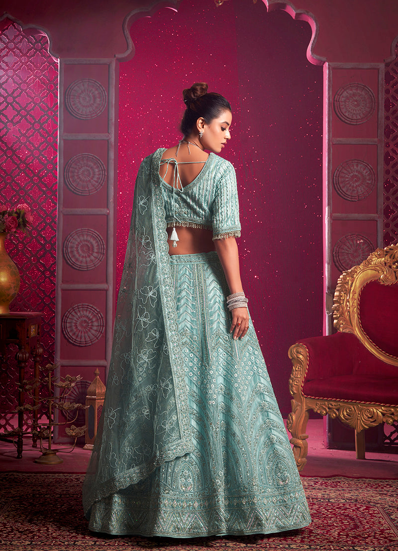 Monjolika Fashion Aqua Blue Embroidered And Sequin Work Wedding Lehenga Choli | Grocsy