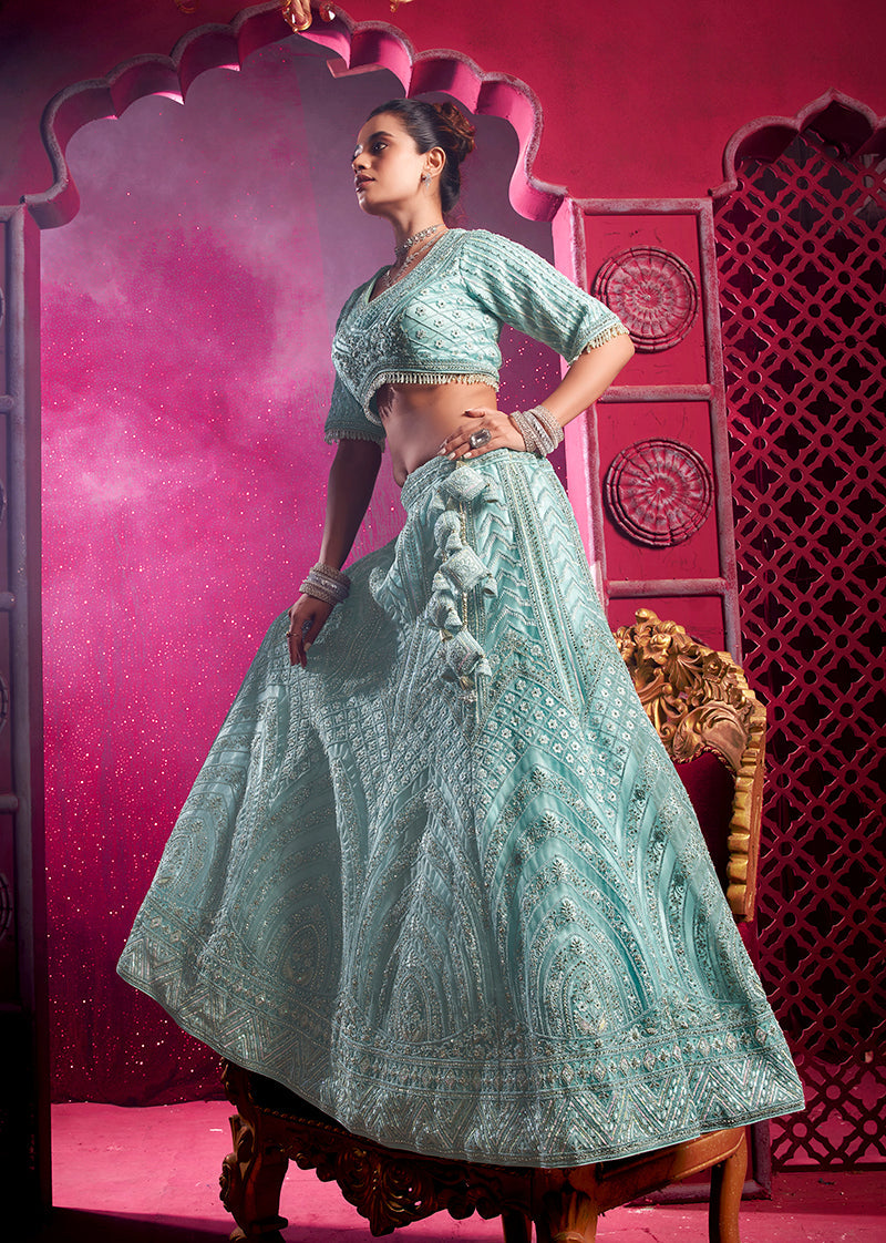 Monjolika Fashion Aqua Blue Embroidered And Sequin Work Wedding Lehenga Choli | Grocsy