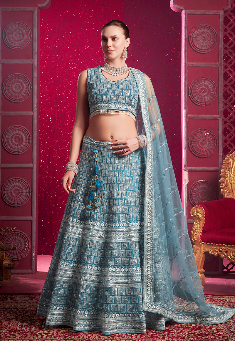 Monjolika Fashion Blue Embroidered And Sequin Work Wedding Lehenga Choli | Grocsy