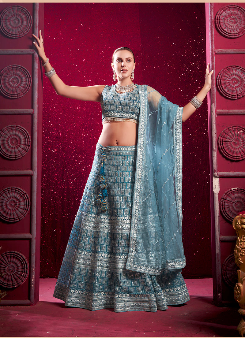 Monjolika Fashion Blue Embroidered And Sequin Work Wedding Lehenga Choli | Grocsy