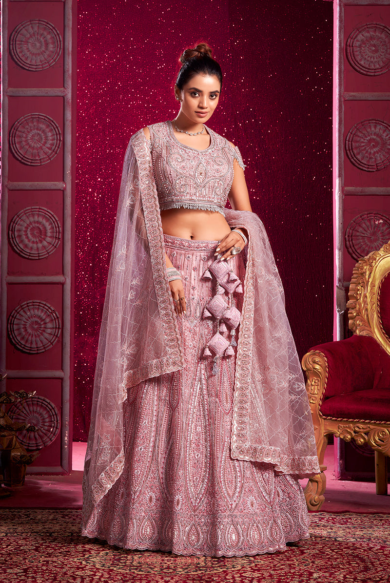 Monjolika Fashion Net Embroidered And Sequin Work Wedding Lehenga Choli in Pink | Grocsy