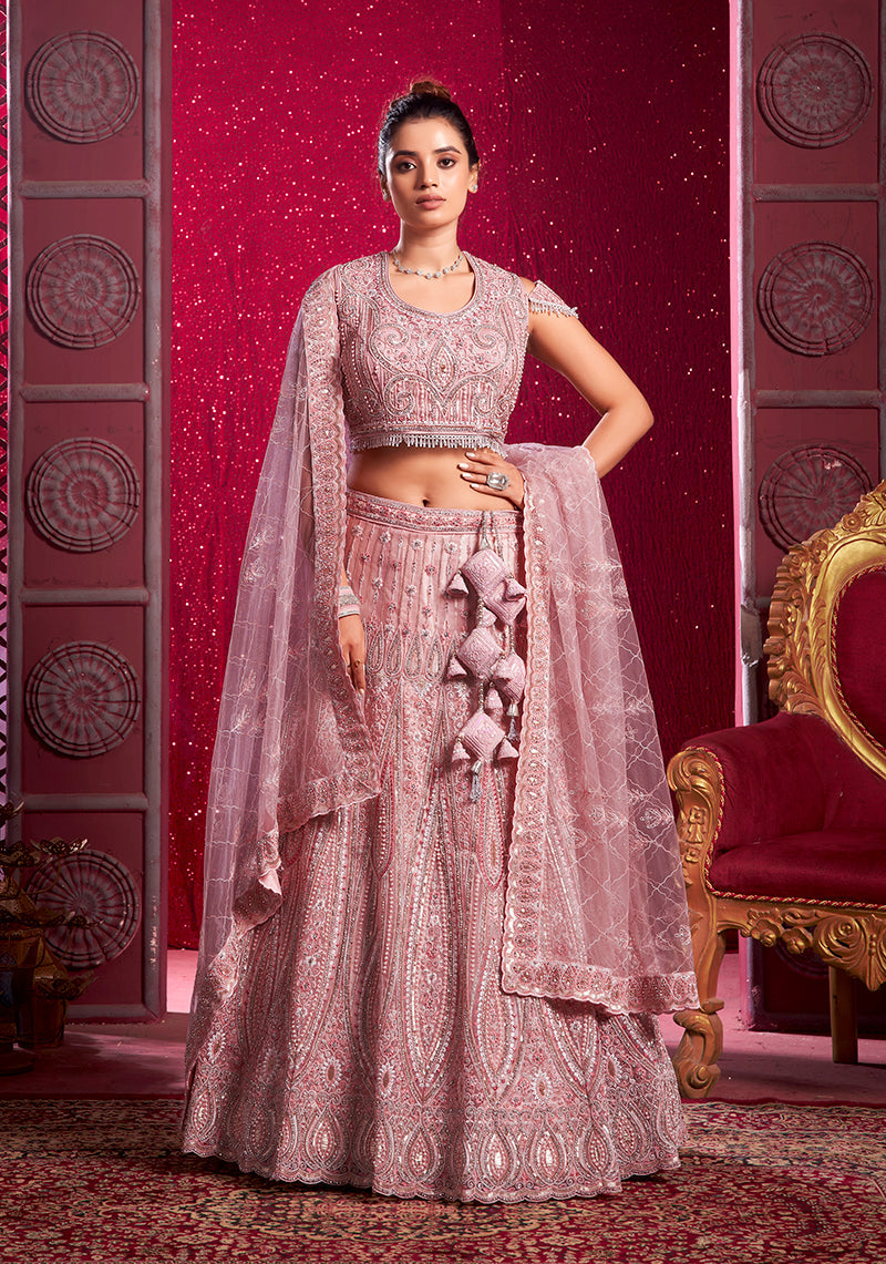 Monjolika Fashion Net Embroidered And Sequin Work Wedding Lehenga Choli in Pink | Grocsy