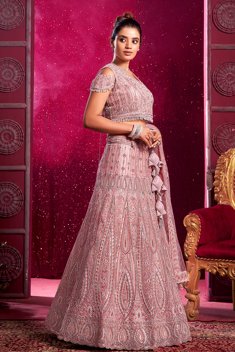 Monjolika Fashion Net Embroidered And Sequin Work Wedding Lehenga Choli in Pink | Grocsy
