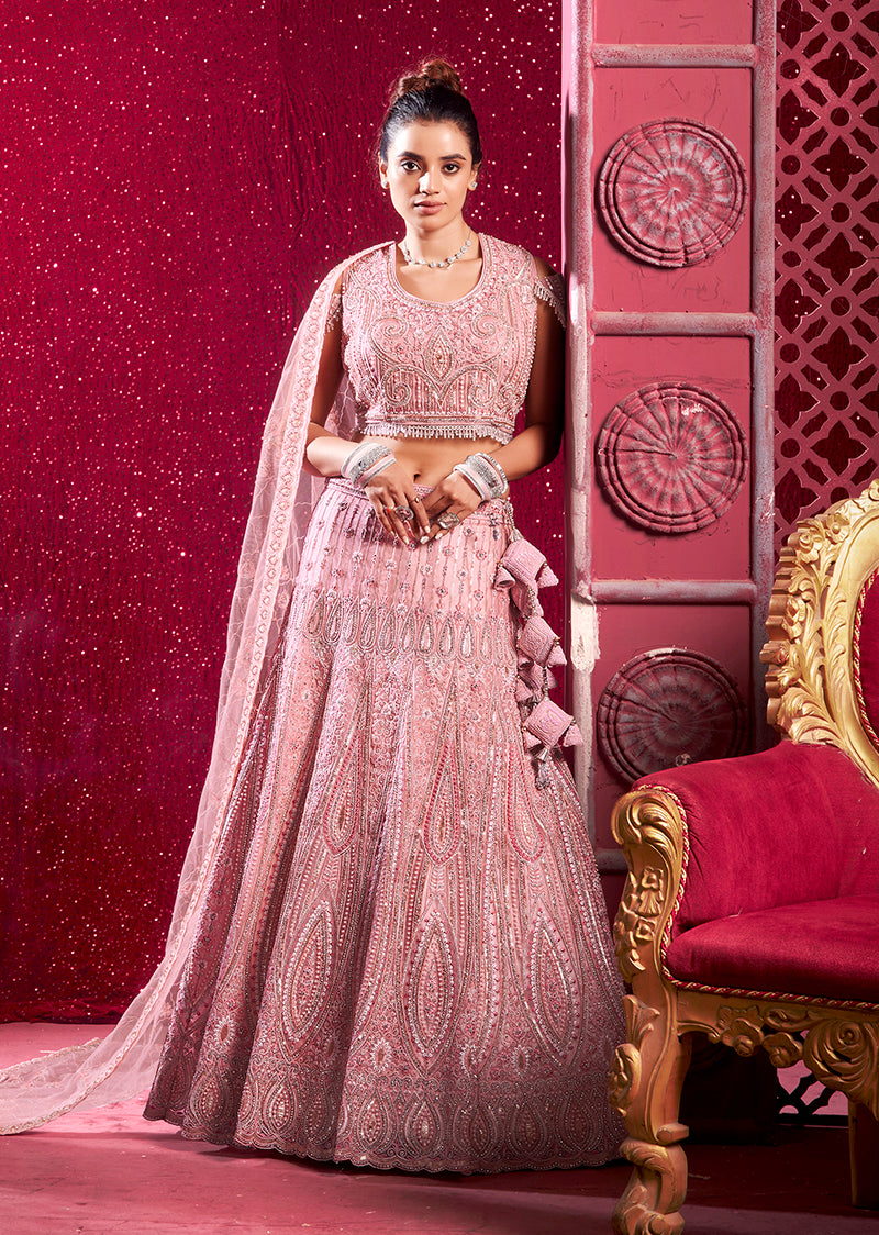 Monjolika Fashion Net Embroidered And Sequin Work Wedding Lehenga Choli in Pink | Grocsy