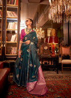 Monjolika Fashion Satin Dark Green Weaving Work Classic Saree | Grocsy