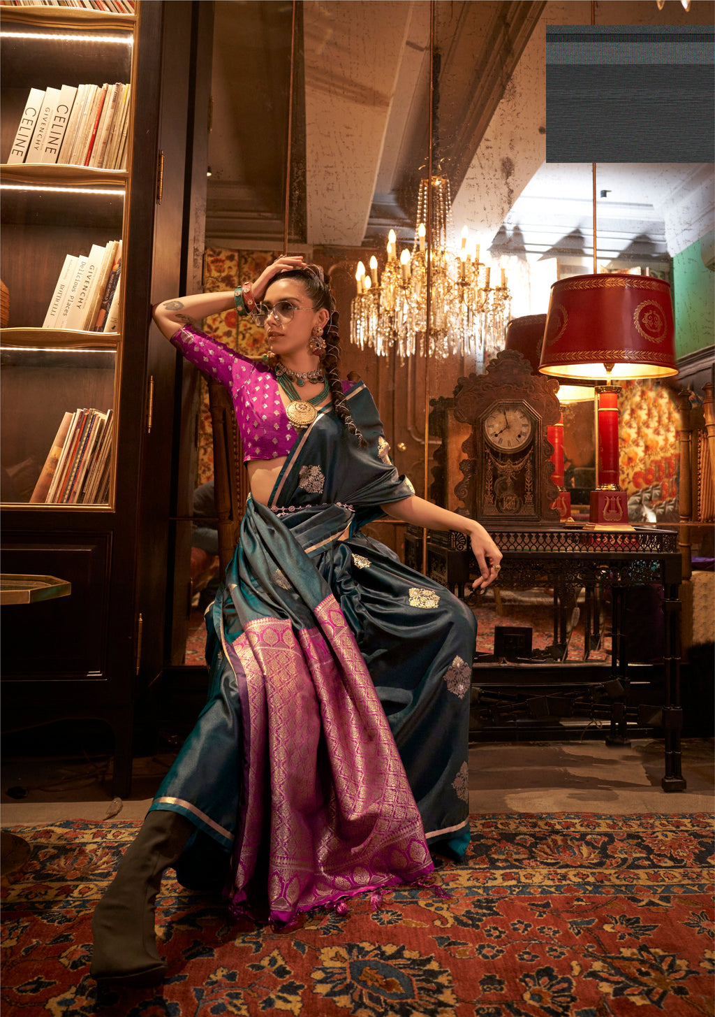 Monjolika Fashion Satin Dark Green Weaving Work Classic Saree | Grocsy