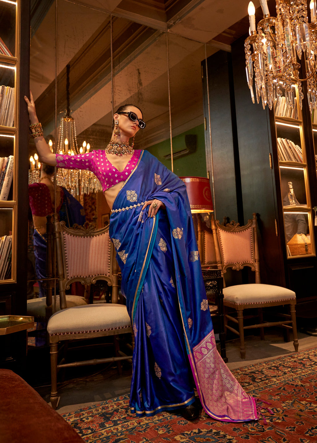 Monjolika Fashion Royal Blue Weaving Work Satin Contemporary Saree | Grocsy