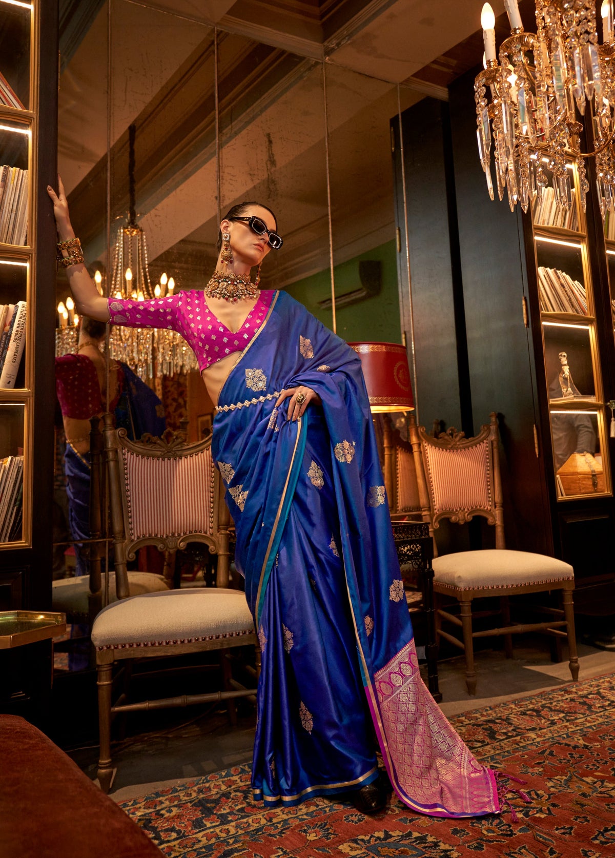 Monjolika Fashion Royal Blue Weaving Work Satin Contemporary Saree | Grocsy