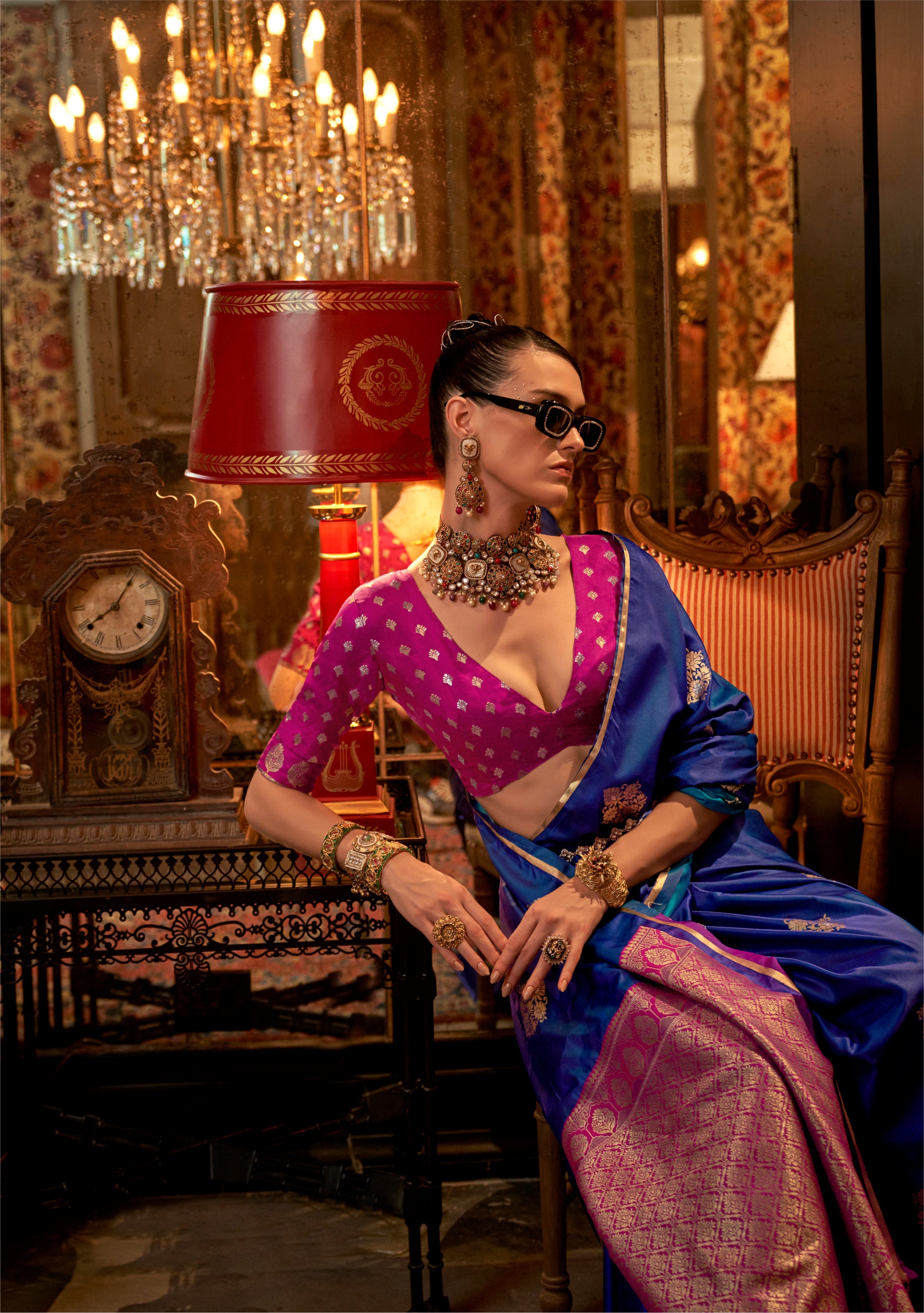 Monjolika Fashion Royal Blue Weaving Work Satin Contemporary Saree | Grocsy