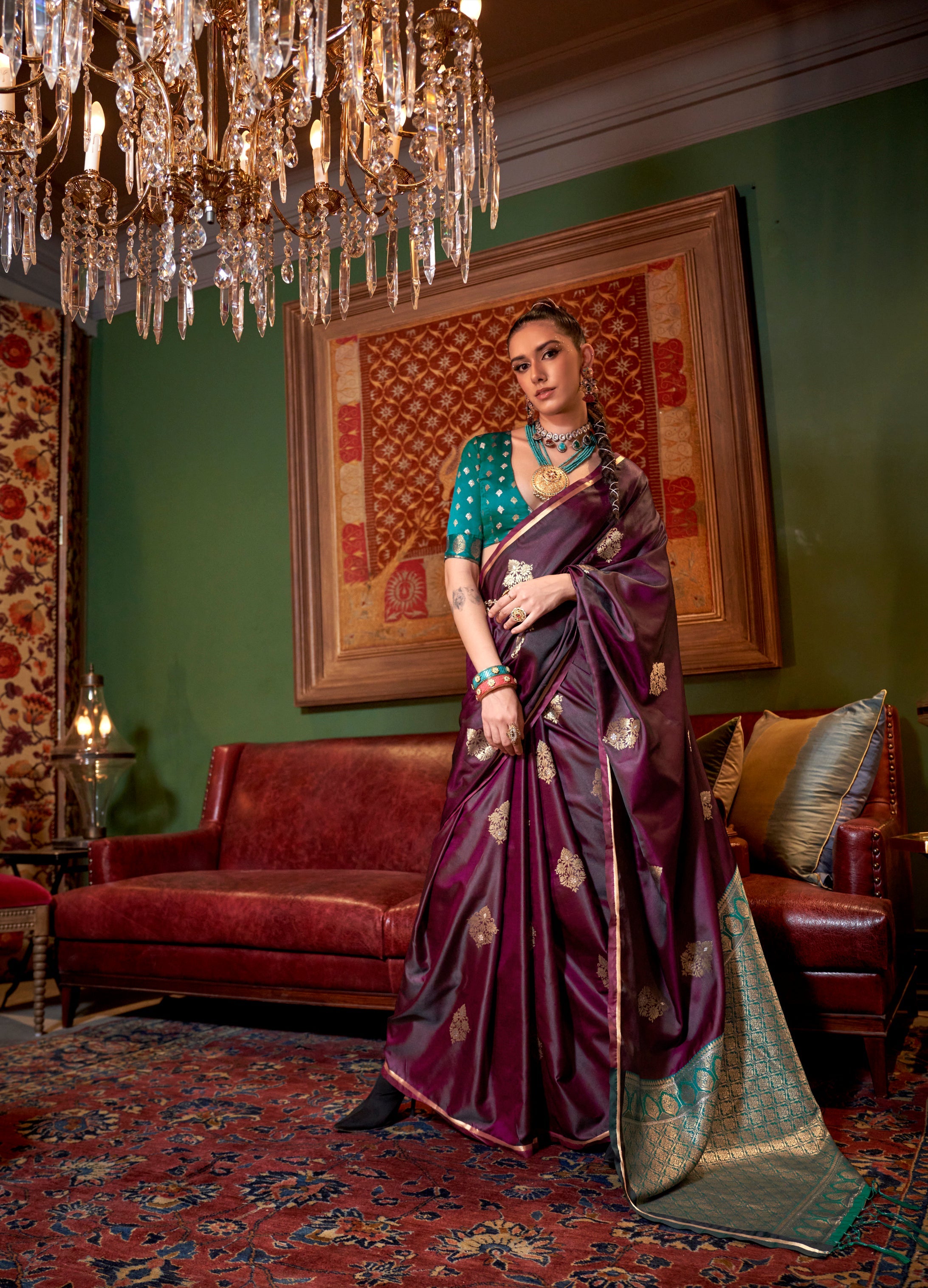 Monjolika Fashion Wine Weaving Work Satin Designer Saree | Grocsy