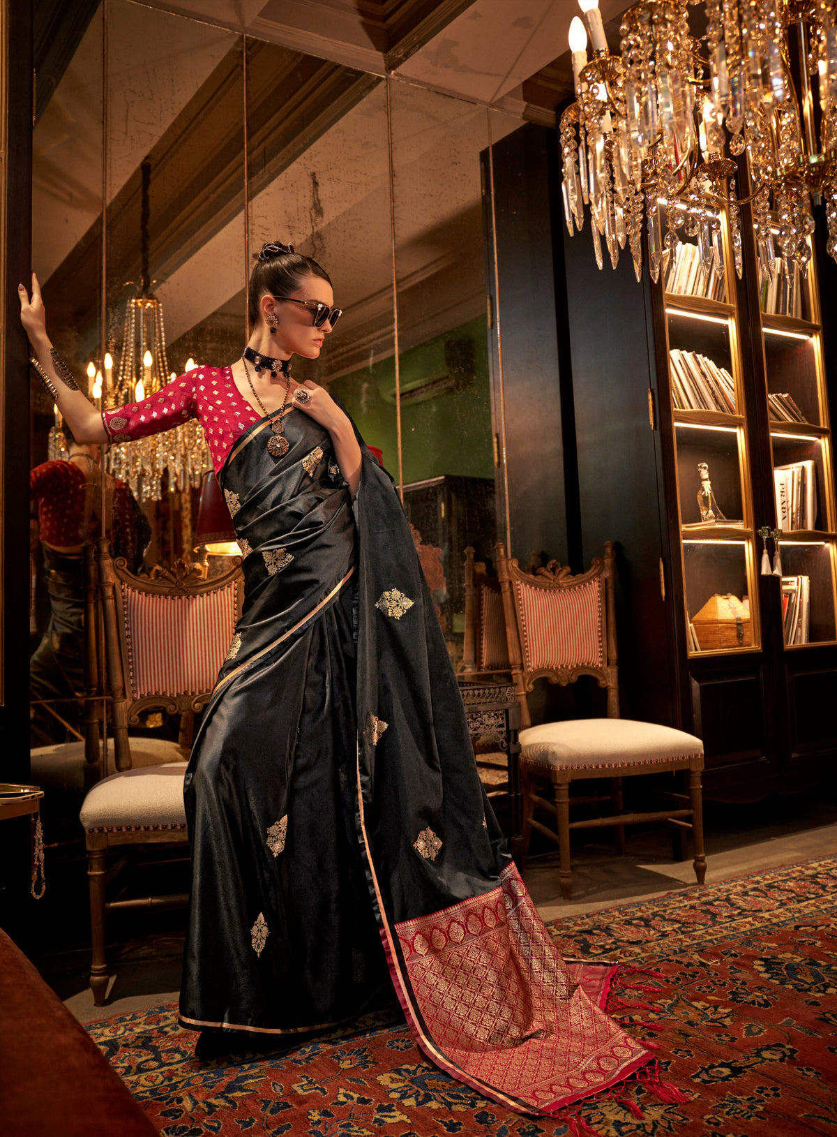 Monjolika Fashion Satin Black Weaving Work Trendy Saree | Grocsy