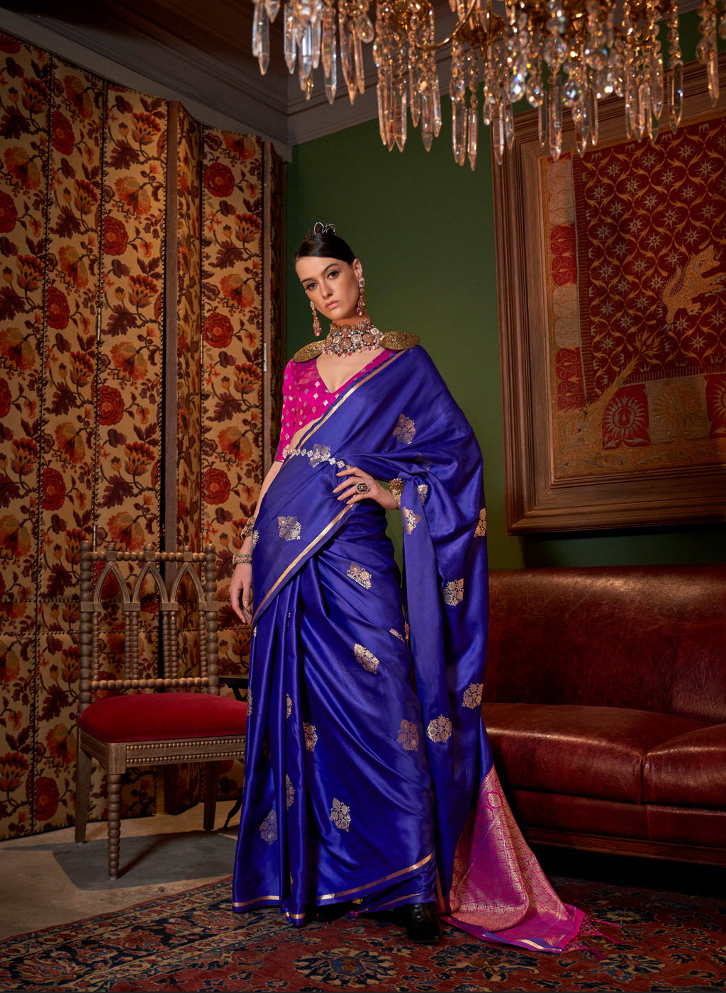 Monjolika Fashion Blue Satin Weaving Work Classic Saree | Grocsy