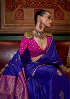 Monjolika Fashion Blue Satin Weaving Work Classic Saree | Grocsy
