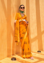 Monjolika Fashion Yellow Printed Georgette Contemporary Saree | Grocsy