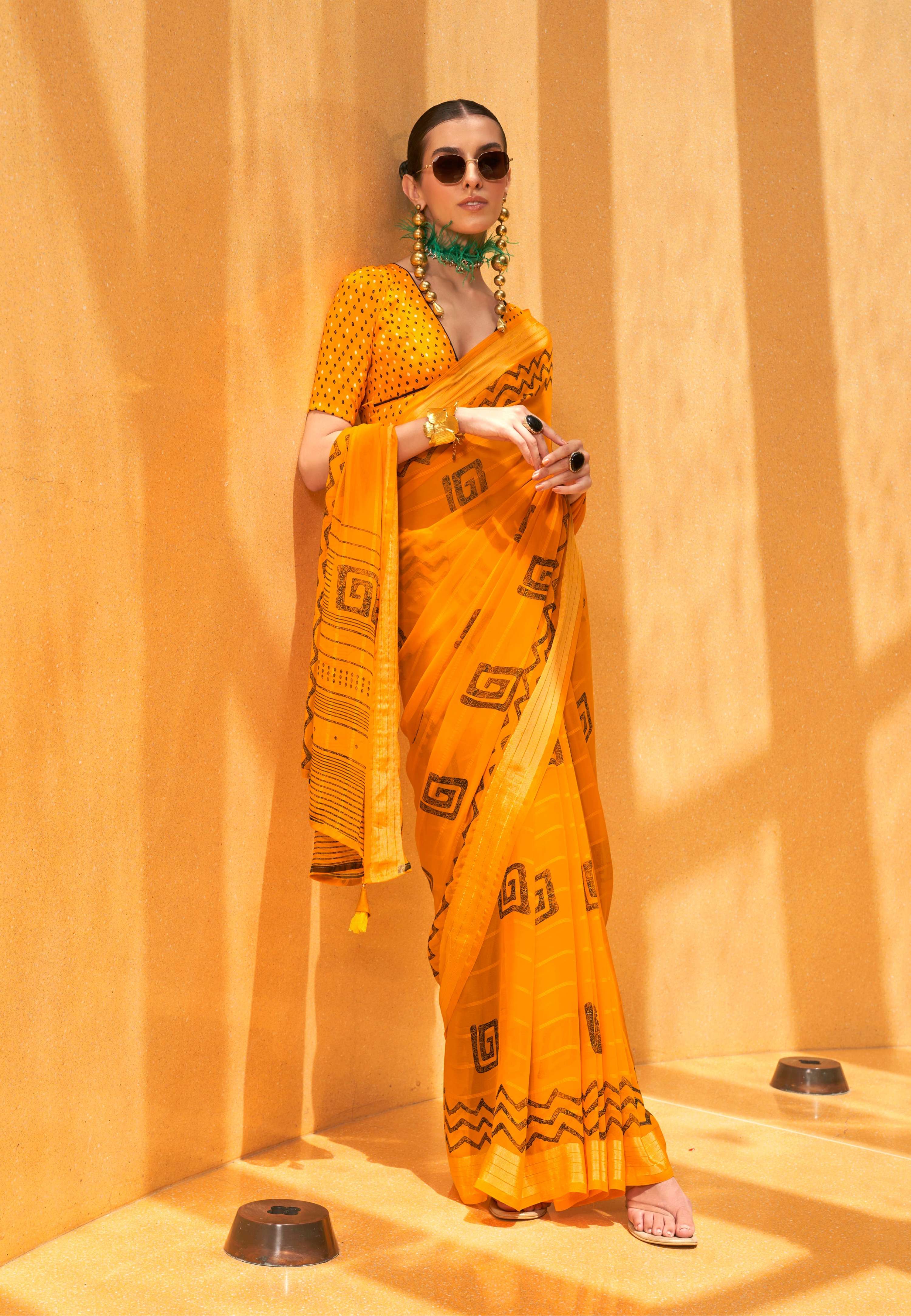 Monjolika Fashion Yellow Printed Georgette Contemporary Saree | Grocsy