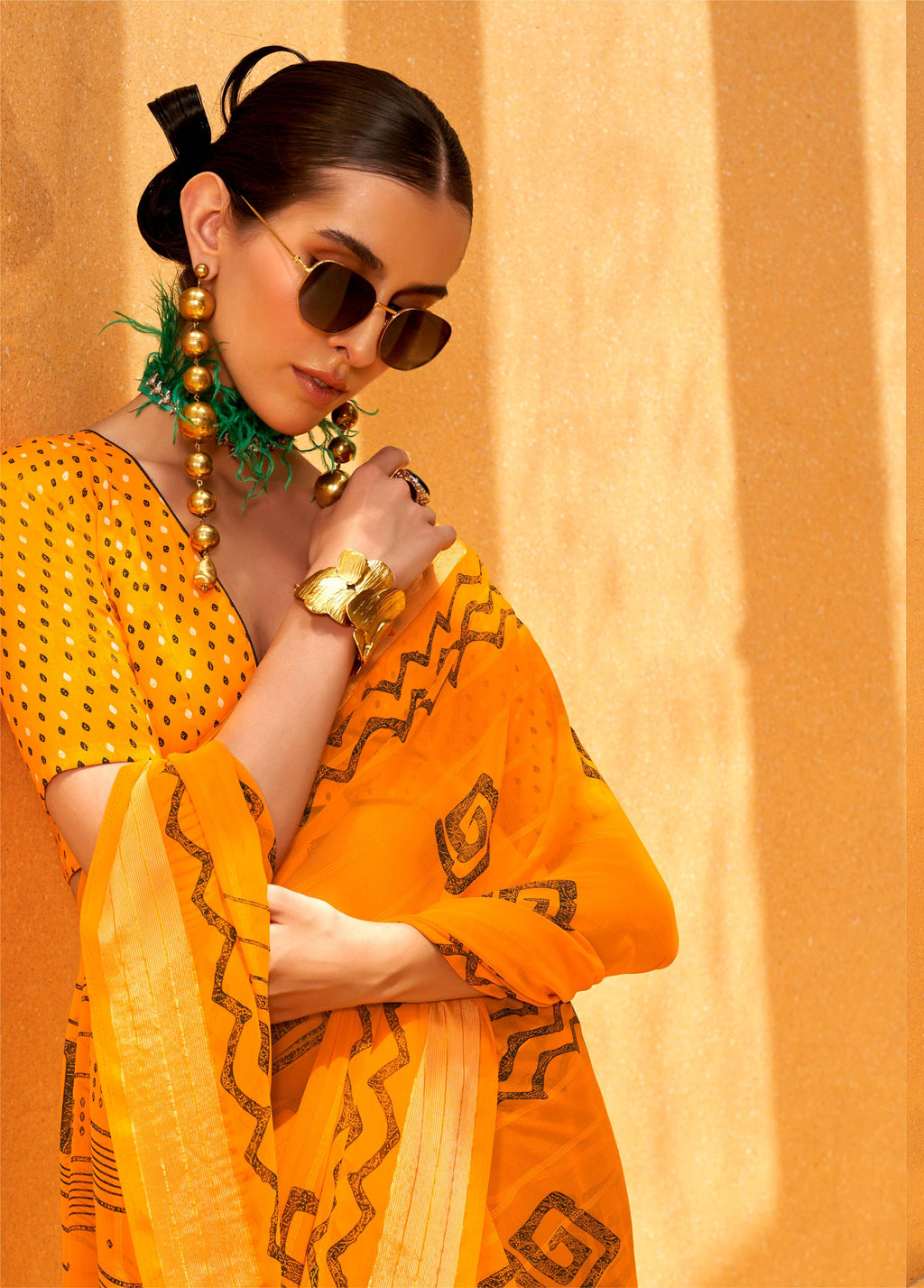 Monjolika Fashion Yellow Printed Georgette Contemporary Saree | Grocsy
