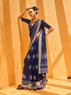Monjolika Fashion Georgette Print Casual Navy Blue Designer Saree | Grocsy