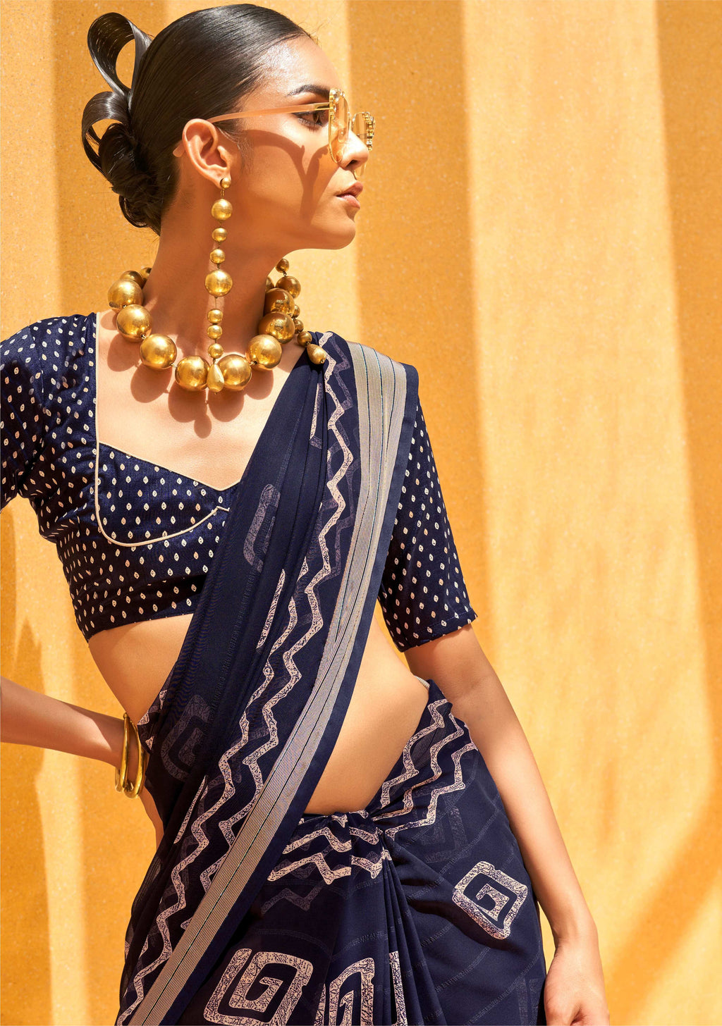 Monjolika Fashion Georgette Print Casual Navy Blue Designer Saree | Grocsy