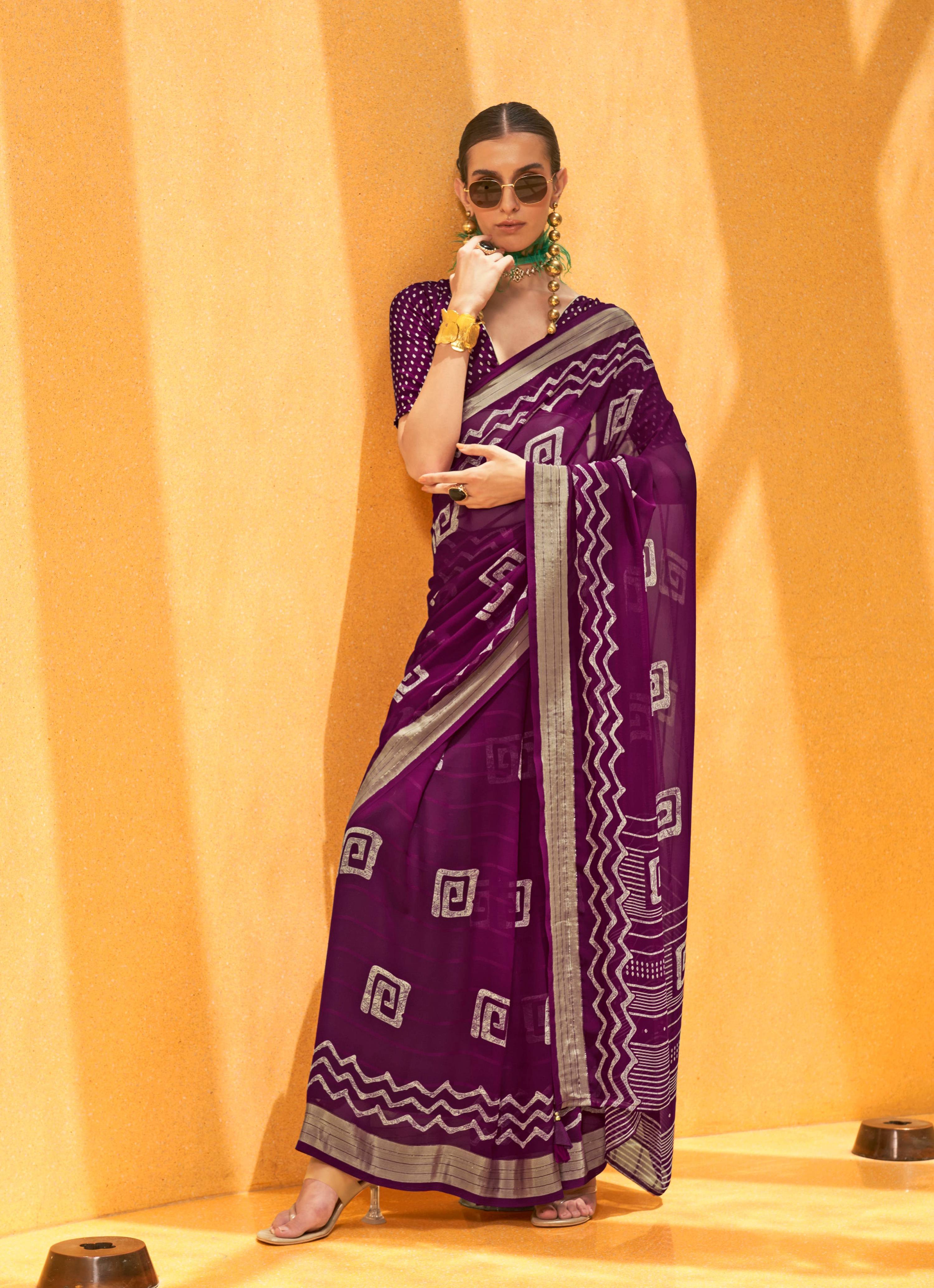 Monjolika Fashion Purple Printed Georgette Traditional Saree | Grocsy