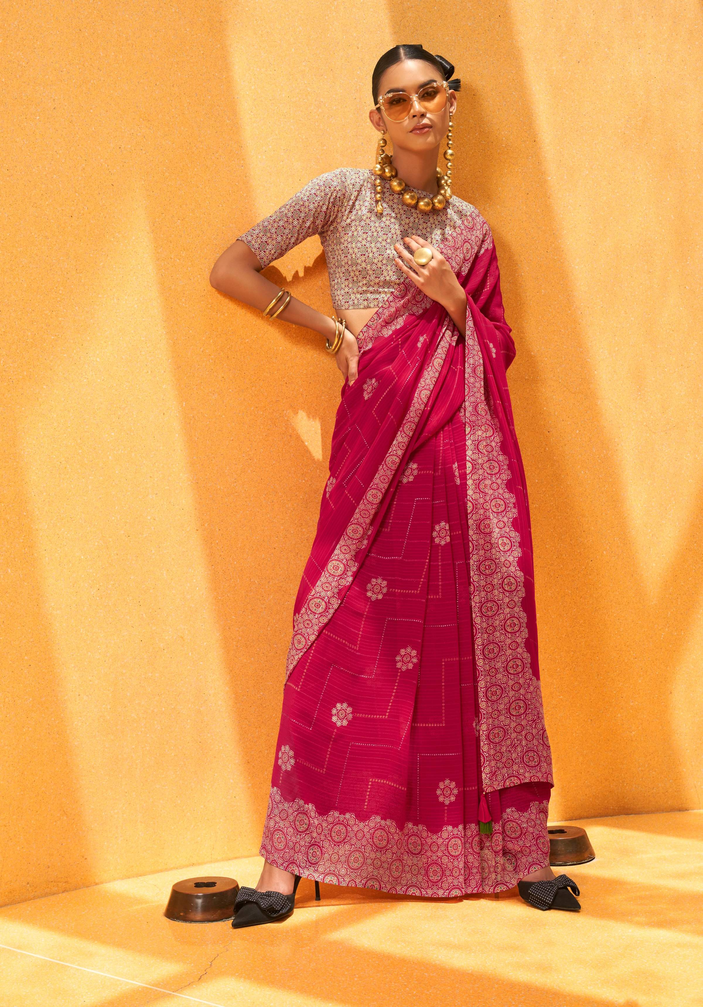 Monjolika Fashion Rani Georgette Printed Trendy Saree | Grocsy