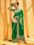 Monjolika Fashion Georgette Printed Classic Saree In Green | Grocsy