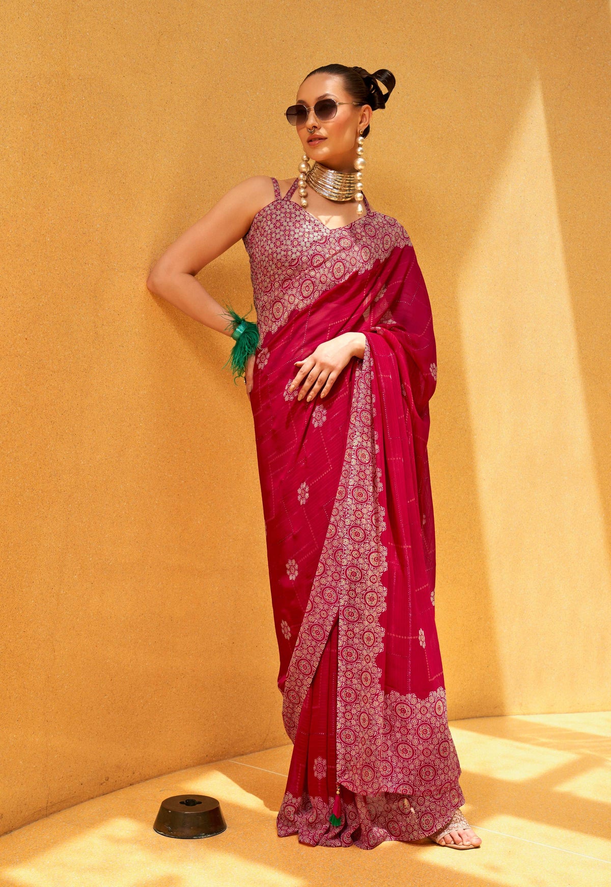 Monjolika Fashion Hot Pink Party Georgette Printed Contemporary Saree | Grocsy
