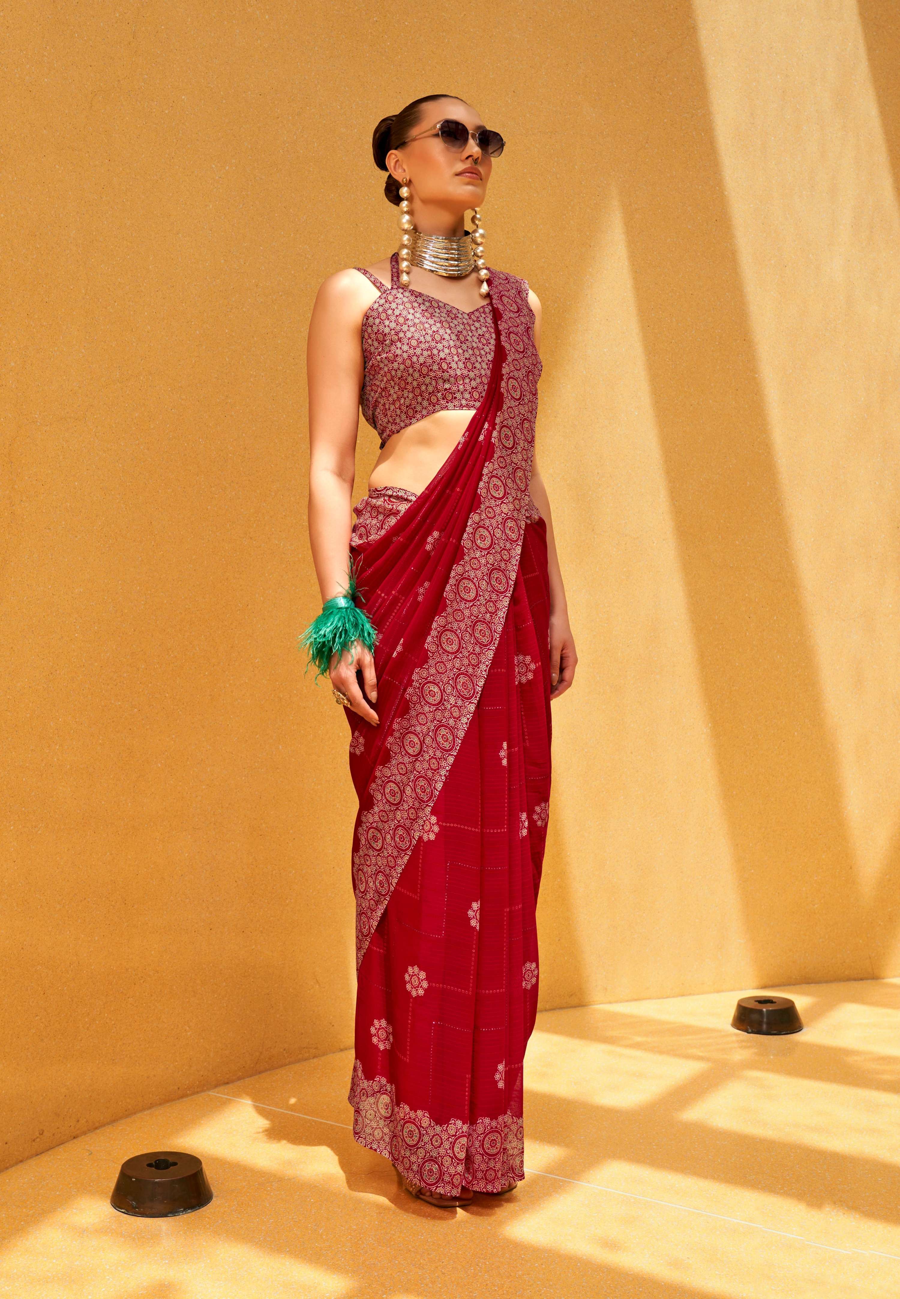 Monjolika Fashion Hot Pink Party Georgette Printed Contemporary Saree | Grocsy