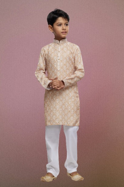Raivat Ethnic Cotton Thread Work Kids Kurta Pajama In Beige Colour | Grocsy