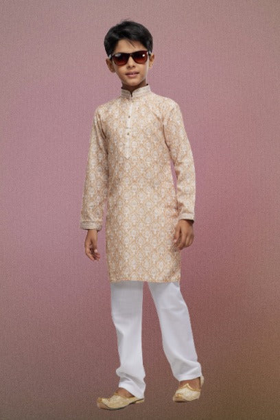 Raivat Ethnic Cotton Thread Work Kids Kurta Pajama In Beige Colour | Grocsy