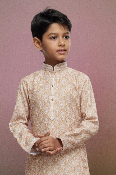 Raivat Ethnic Cotton Thread Work Kids Kurta Pajama In Beige Colour | Grocsy